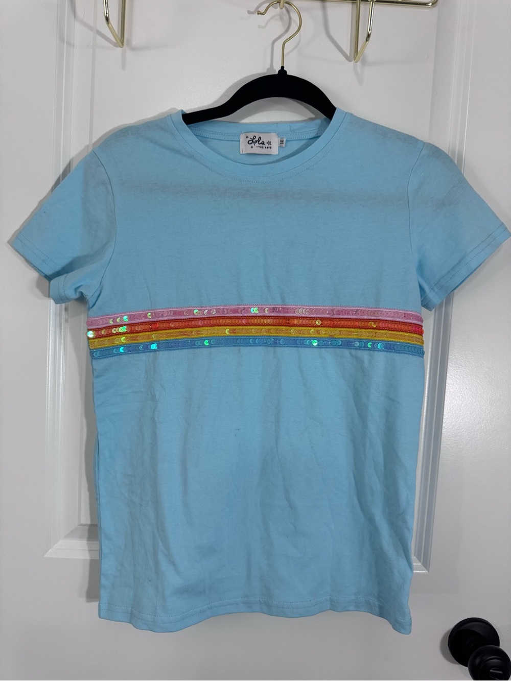 Lola + The Boys Light Blue Tee with Rainbow Sequin Stripes